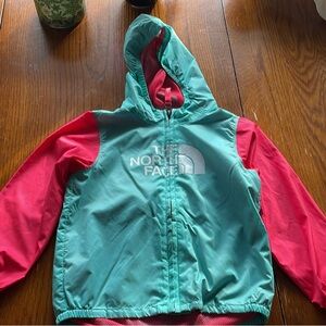 The North Face Mint Green and Pink Kids Hooded Rain Jacket